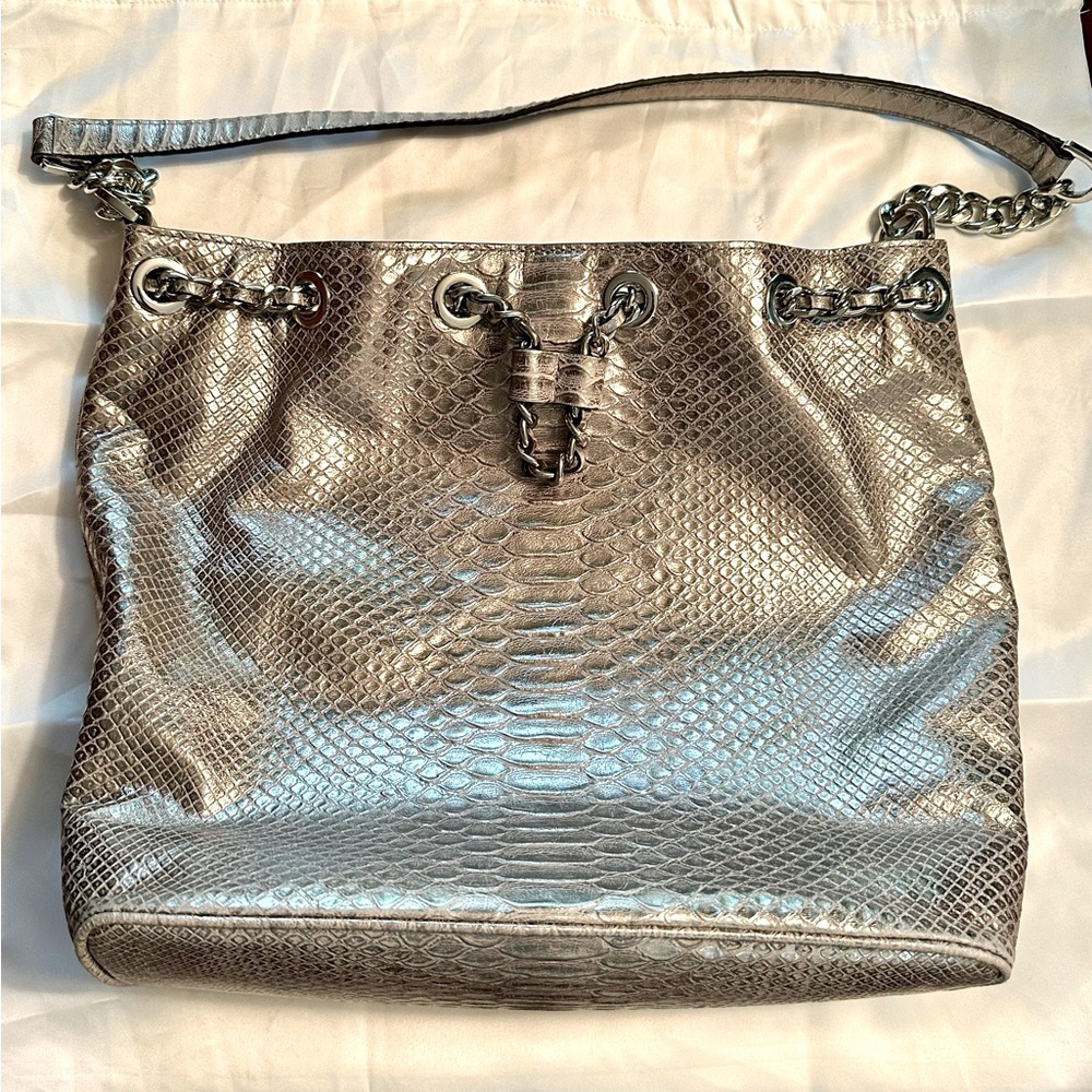 Michael Michael Kors Frankie Embossed Silver Metallic Buckle Bag